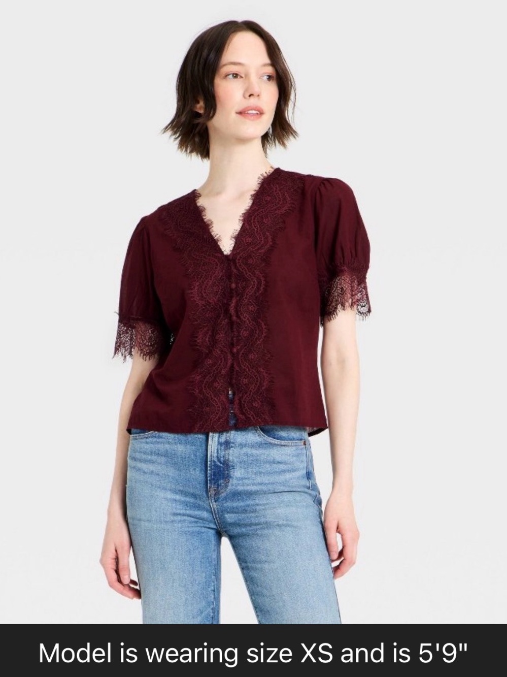 Universal Threads Women's Balloon Sleeve Lace-Trim V-Neck Top in Burgundy size L